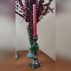 Vintage Hollywood Regency Brass Metal Green Lucite Candlestick Candle Holders